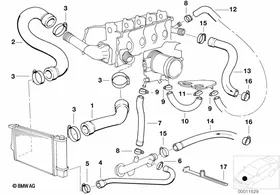 Cooling System Water Hoses — BMW E36 factory diagram