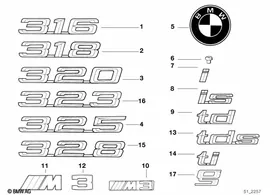Emblems / letterings — BMW E36 factory diagram