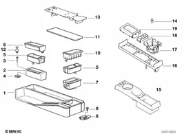 Centre console cubbies — BMW E36 factory diagram